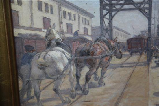 § Alessandro Viazzi (1872-1956), oil on board, Harbour scene with horses hauling wagons